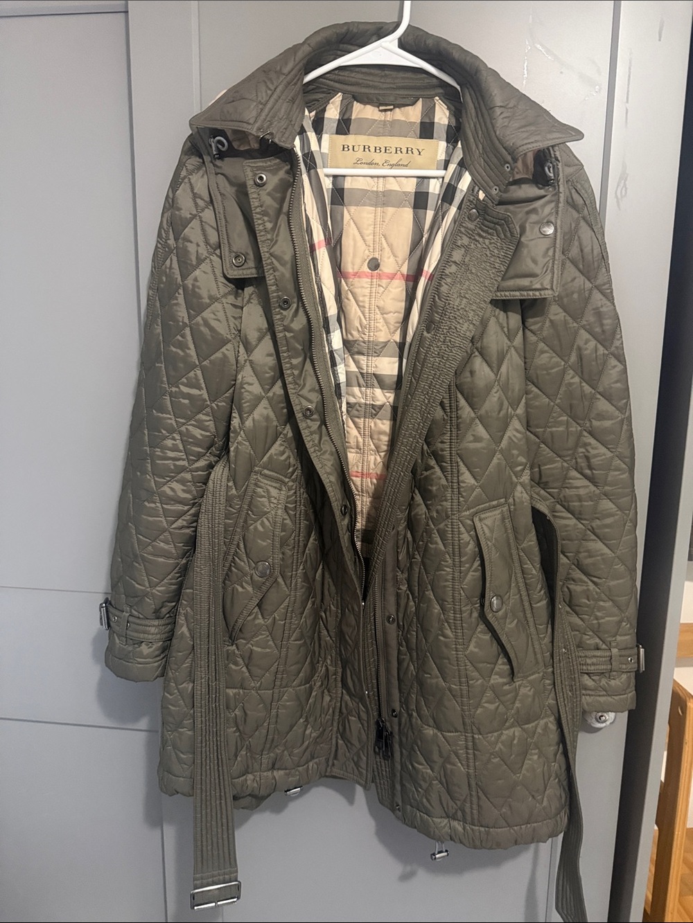 Burberry Olive Quilted Belted Coat with Signature Check Lining